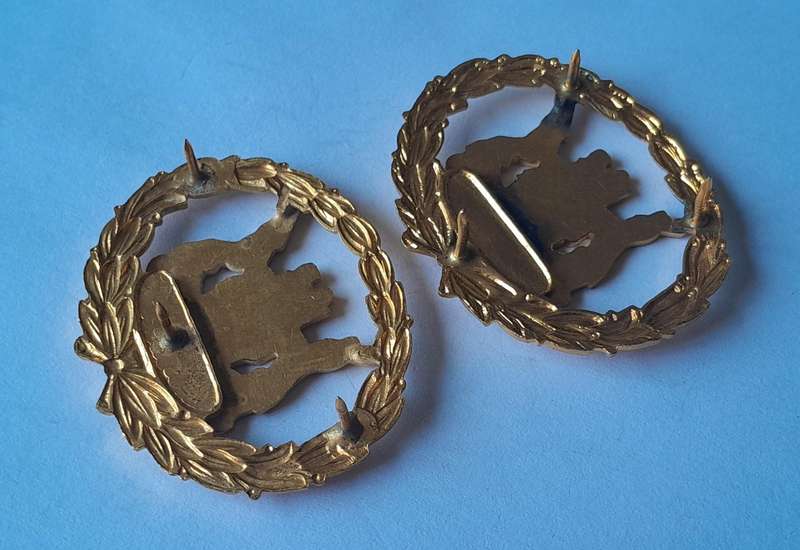 Pair SA Police Warrant Officer Badges.  Gilt & Enamel.  Pins Intact.