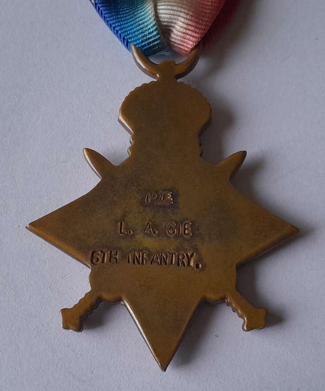 WW1 1914 - 1915 Star Medal to PTE. L.A. GIE 6TH INFANTRY.