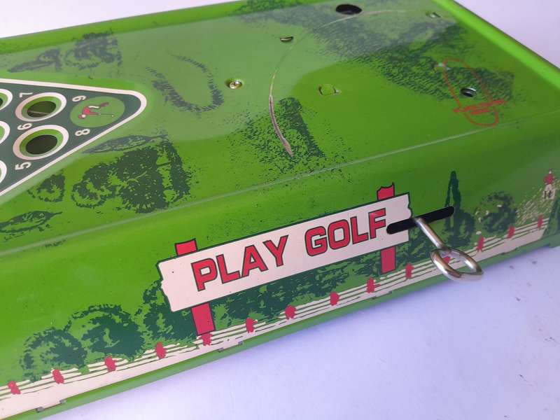 Vintage Tin Plate Table Top Wind Up Mechanical "Play Golf" Game