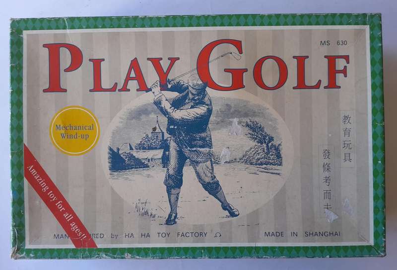 Vintage Tin Plate Table Top Wind Up Mechanical "Play Golf" Game