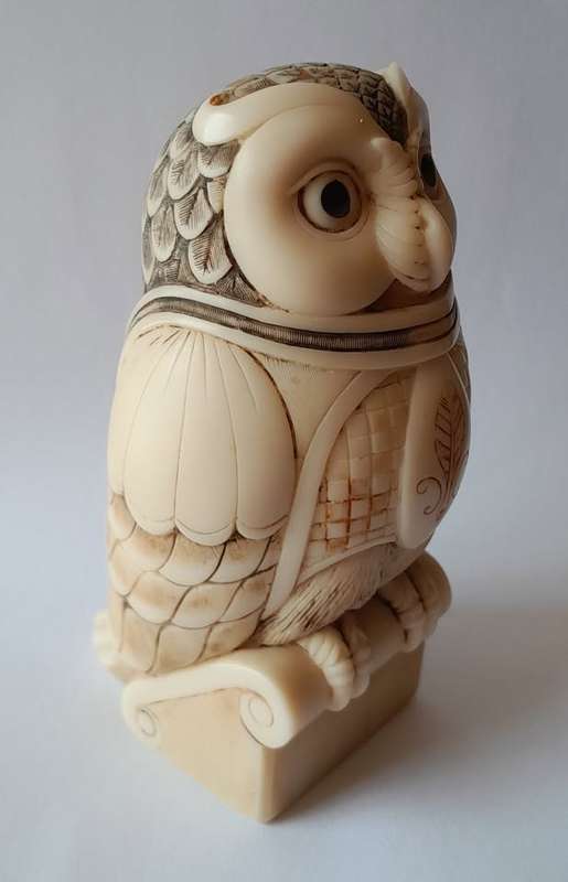 John Biccard Owl Michael Angelo Crushed Marble Sculpture. Signed. 11.5cm