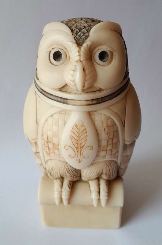 John Biccard Owl Michael Angelo Crushed Marble Sculpture. Signed. 11.5cm