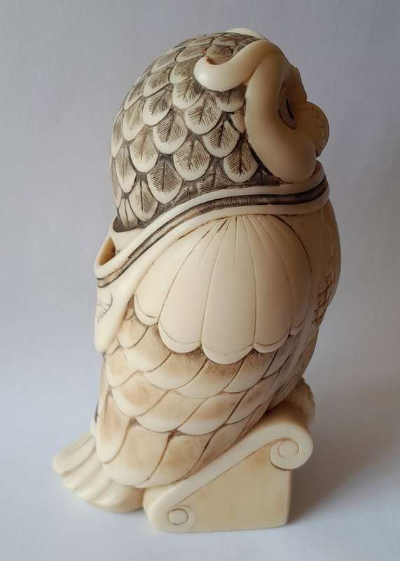John Biccard Owl Michael Angelo Crushed Marble Sculpture. Signed. 11.5cm