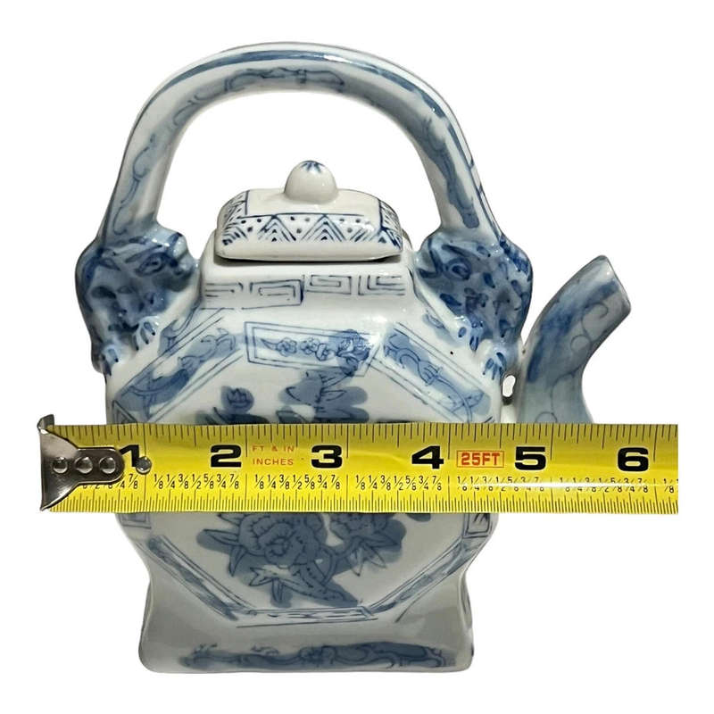 Chinoiserie Teapot Chinese Porcelain Flat Teapot White & Blue Vintage 60s