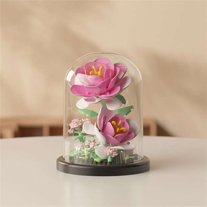 Eternal Pink Rose Building Blocks | With Dome Cover