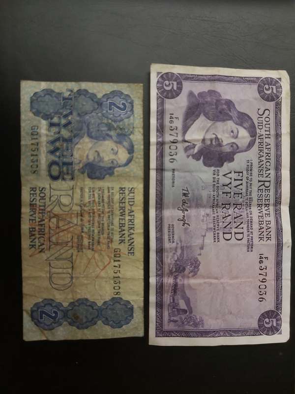 2 RAND EN 5 RAND BANK NOTE GPC DE KOCK AND TW DE JONGH