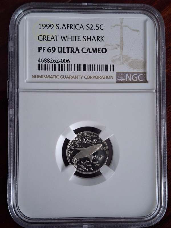 *** SECOND FINEST only 1  coin better ****  PF69 - 1999 Silver 2½ c (Tickey) -  GREAT WHITE SHARK