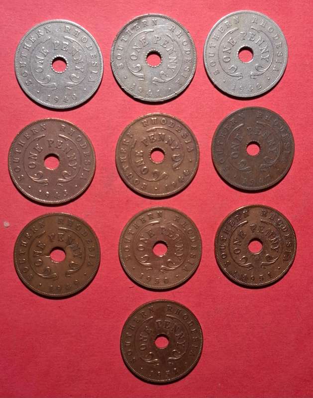 SOUTHERN RHODESIA One Penny 1940 - 1952 - no doubles, 10 coins in total!