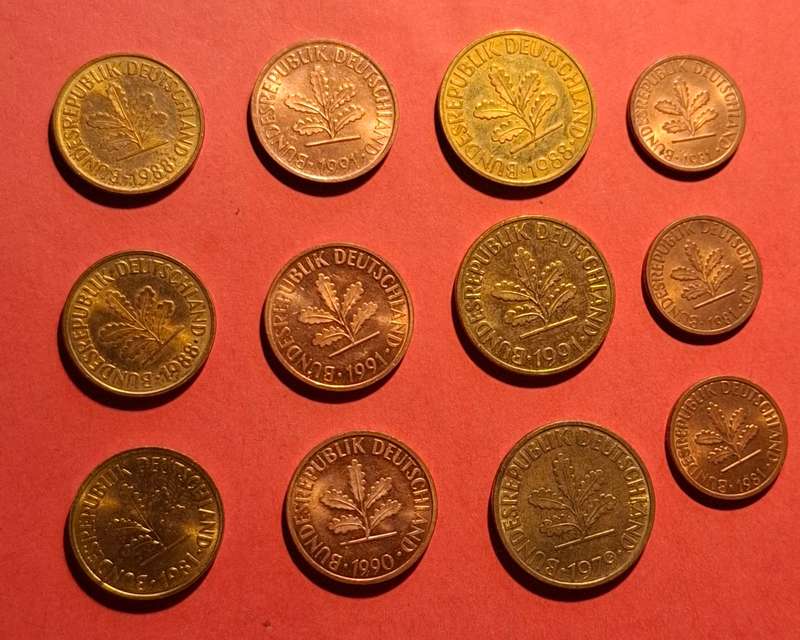 12 German 1, 2, 5, & 10 Pfennig coins, 1970s-1990s, original Germany numismatics from EF to UNC