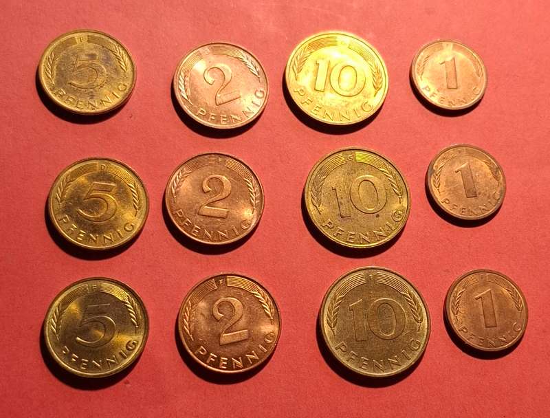 12 German 1, 2, 5, & 10 Pfennig coins, 1970s-1990s, original Germany numismatics from EF to UNC