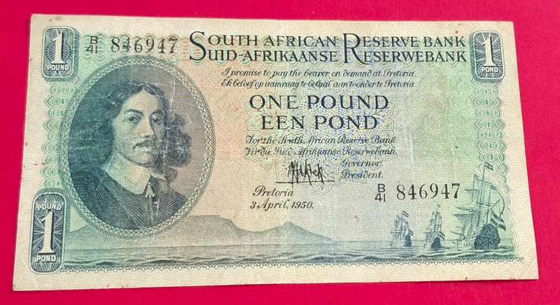 1 Pound 1950, E/A, MH de Kock, prefix B41, 2nd issue