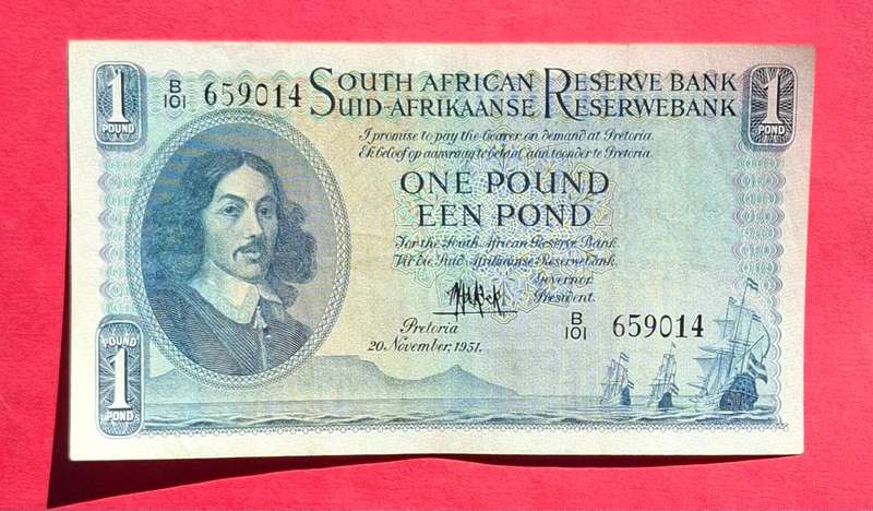 1 Pound 1951, E/A, MH de Kock, prefix B101, 2nd issue