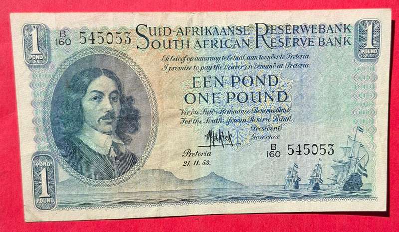 1 Pound 1953, A/E, MH de Kock, prefix B160, 3rd issue