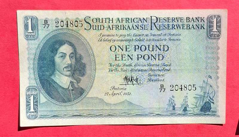 1 Pound 1951, E/A, MH de Kock, prefix B77, 2nd issue
