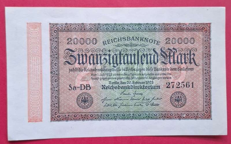 DEUTSCHES REICH 20000 Mark 1923, Hakensterne, Weimar Republic, ***AU to UNC***