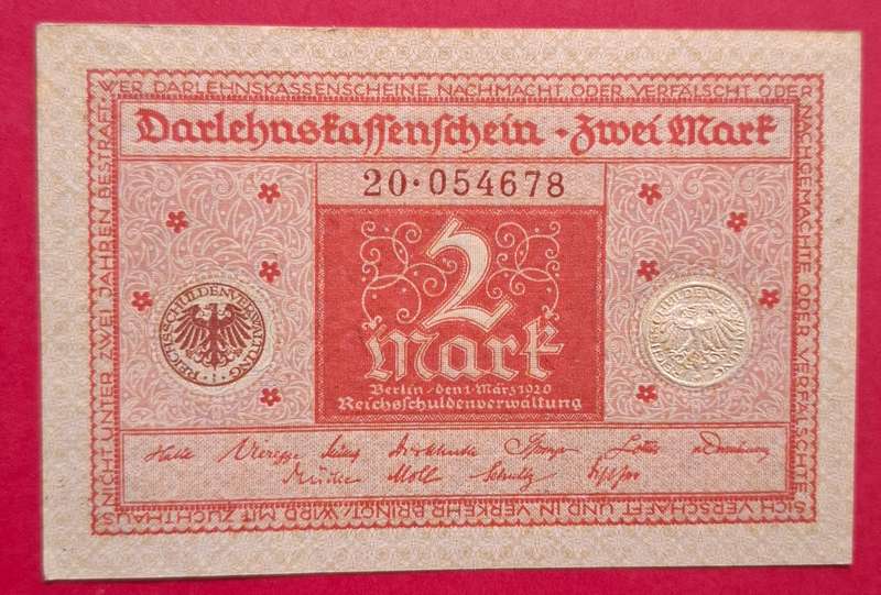 DEUTSCHES REICH 2 Mark 1920, (Darlehnskassenschein), Weimar Republic - AU