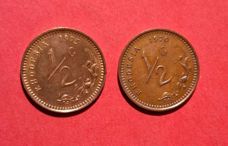 RHODESIA Two 1/2 Cent 1970 & 1975 - in excellent condition!!