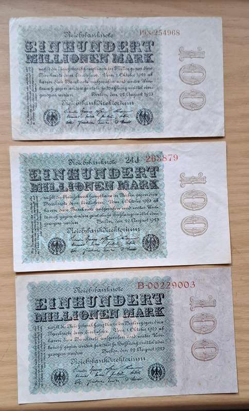 DEUTSCHES REICH Three 100 Millionen Mark 1923 banknotes - Germany - no doubles