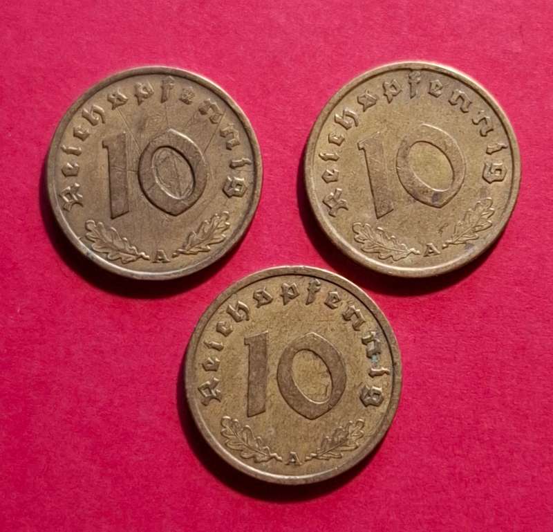 DEUTSCHES REICH 10 Reichspfennig 1937 A, 1938 A & 1939 A (Germany)