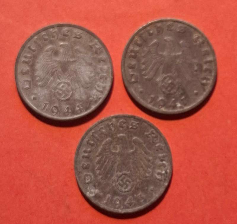 DEUTSCHES REICH 1 Reichspfennig 1941 B, 1943 F & 1944 B (Germany)