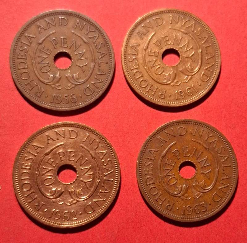 RHODESIA AND NYASALAND Penny collection 1956, 1961, 1962, 1963 - very collectible condition!!