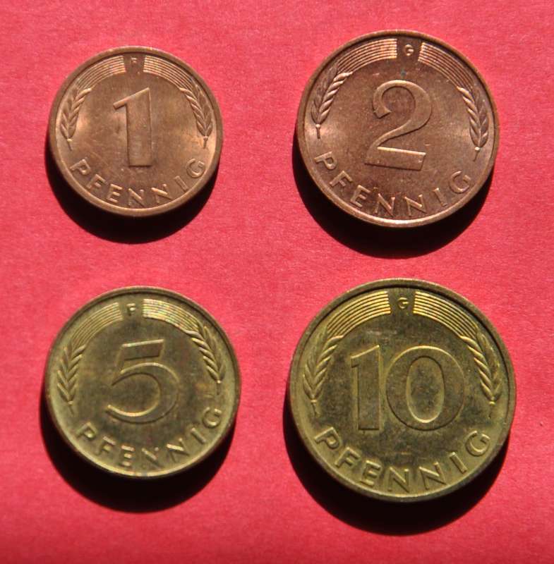 12 German 1, 2, 5, & 10 Pfennig coins, 1970s-1990s, original Germany numismatics from EF to UNC