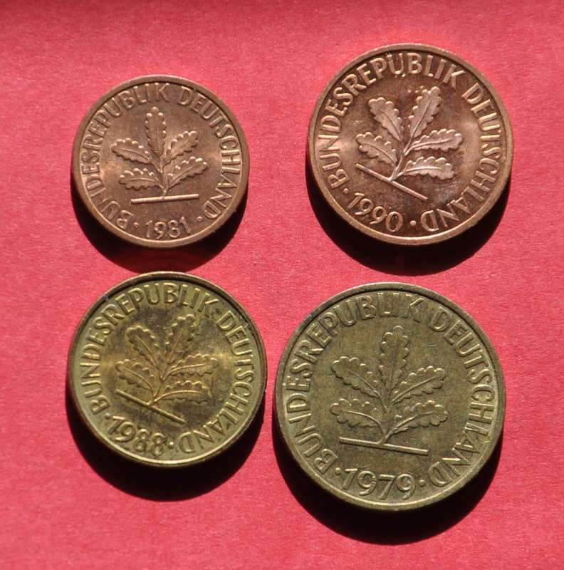 12 German 1, 2, 5, & 10 Pfennig coins, 1970s-1990s, original Germany numismatics from EF to UNC