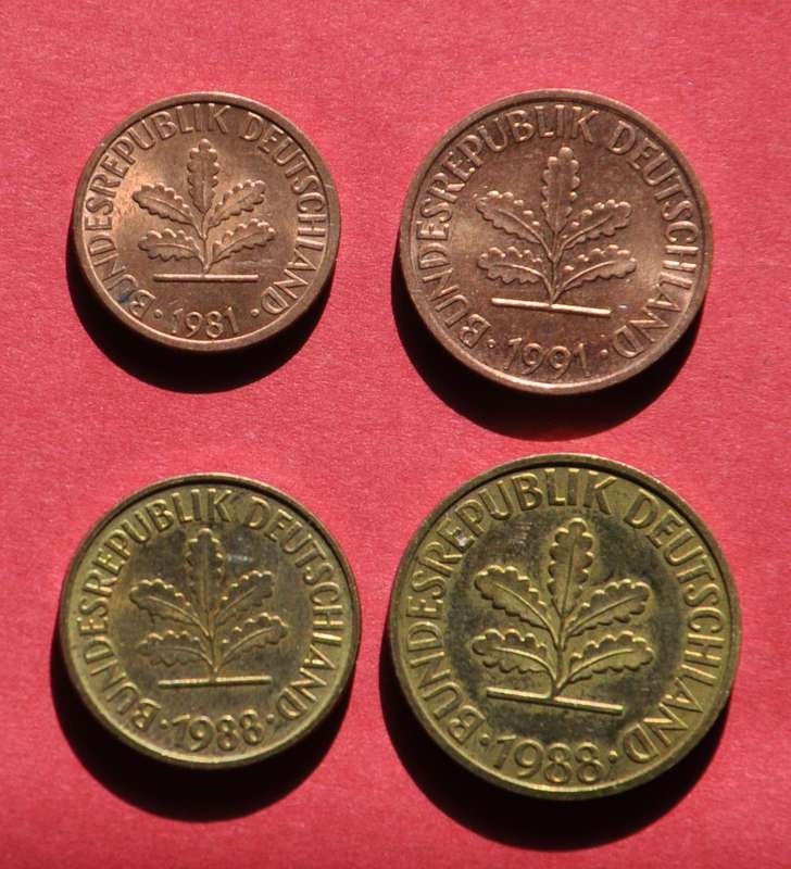 12 German 1, 2, 5, & 10 Pfennig coins, 1970s-1990s, original Germany numismatics from EF to UNC