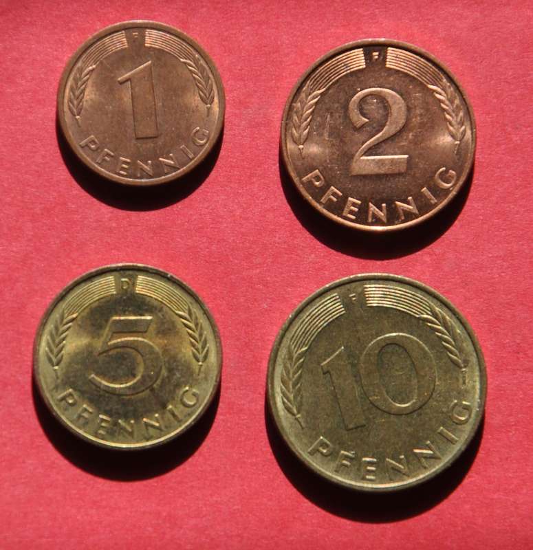 12 German 1, 2, 5, & 10 Pfennig coins, 1970s-1990s, original Germany numismatics from EF to UNC