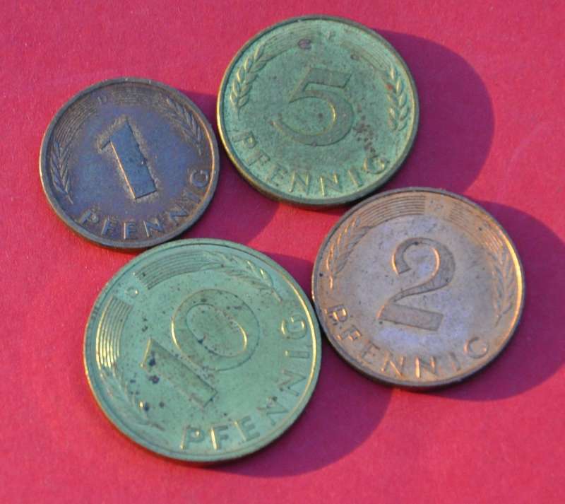 12 German 1, 2, 5, & 10 Pfennig coins, 1970s-1990s, original Germany numismatics from EF to UNC