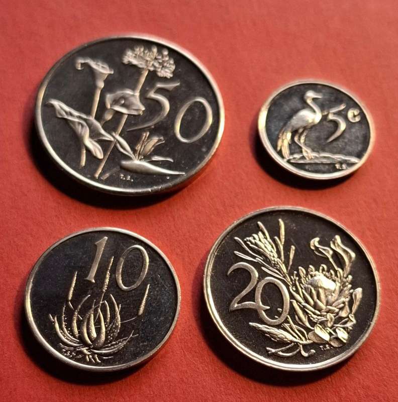 SOUTH AFRICA 50 Cent 1974 & 5c, 10c and 20c 1974 - in excellent condition!!