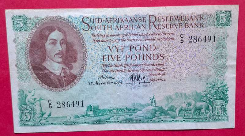 5 Pounds 1948, A/E, MH de Kock, prefix C5, 2nd issue - according to Hern R1950 in EF, R750 in VF