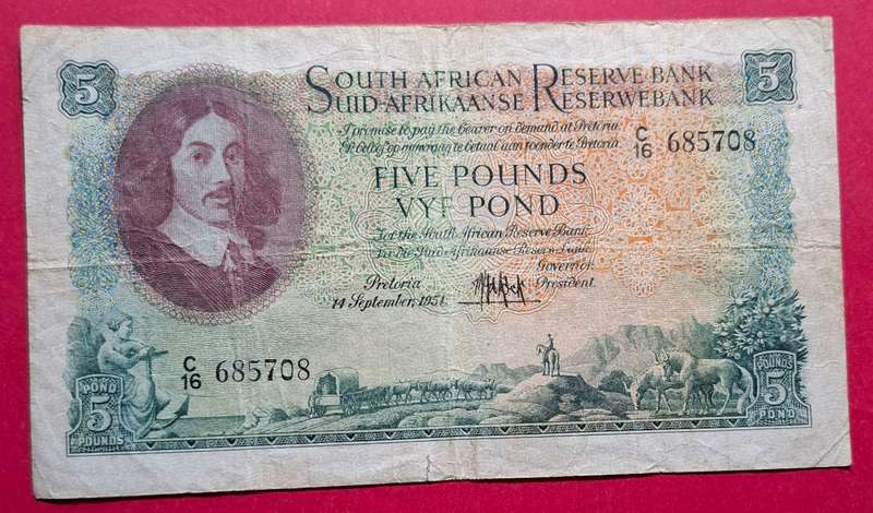 5 Pounds 1951, E/A, MH de Kock, prefix C16, 2nd issue