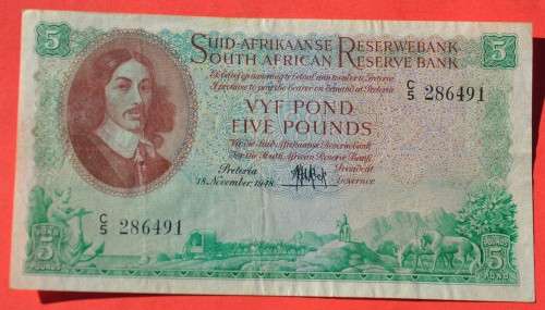5 Pounds 1948, A/E, MH de Kock, prefix C5, 2nd issue - according to Hern R1950 in EF, R750 in VF
