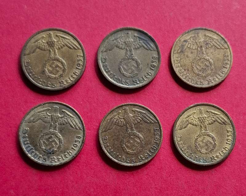 DEUTSCHES REICH Six 5 Reichspfennig 1937 1938 1939 (Germany) - view text!