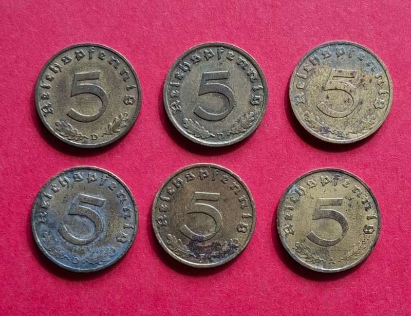 DEUTSCHES REICH Six 5 Reichspfennig 1937 1938 1939 (Germany) - view text!