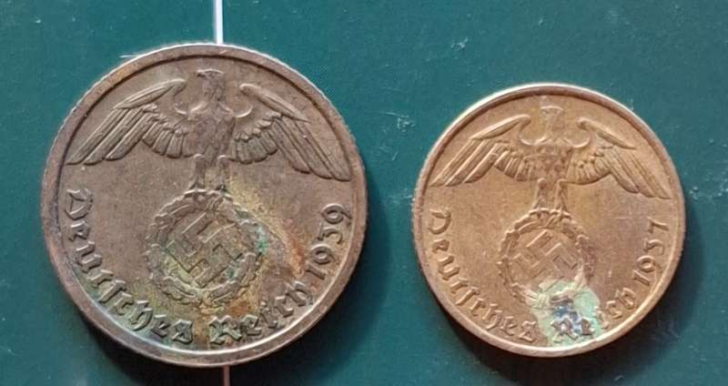 DEUTSCHES REICH 2 Reichspfennig coins & ALLIED ATROCITIES IN GERMANY/AUSTRIA 1944-51 - read text