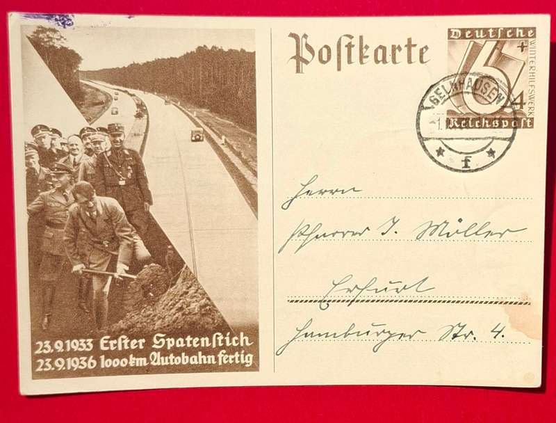 DEUTSCHES REICH original propaganda post card Erster Spatenstich Autobahn 1933/1936 (Germany)