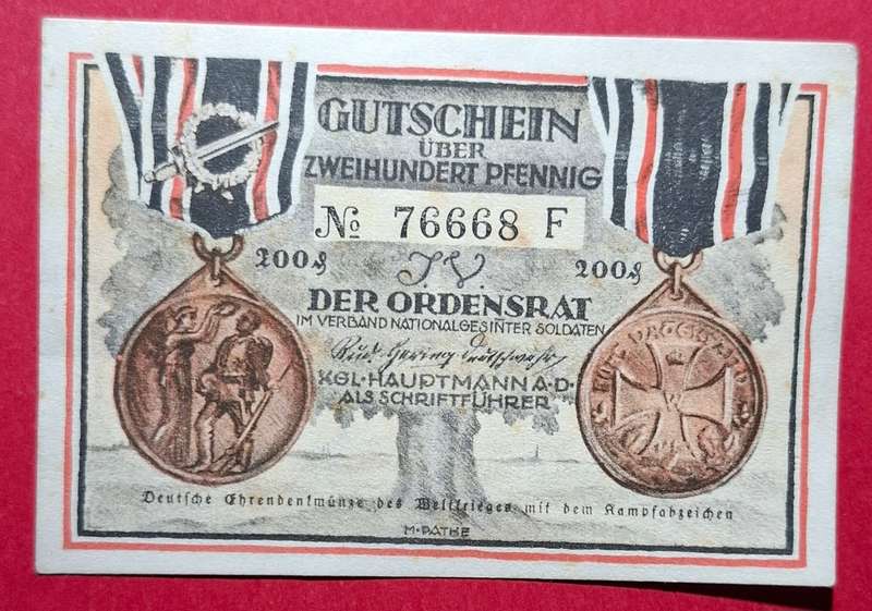 DEUTSCHES REICH 200 Pfennig 1922, Notgeld Berlin, Ordensrat Nationalgesinnter Soldaten, Posen **AU**