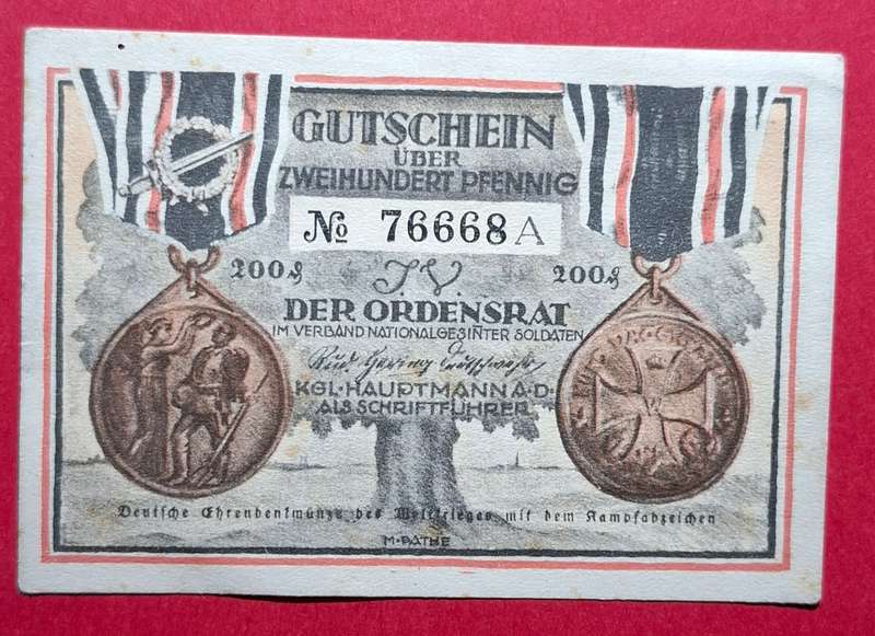 DEUTSCHES REICH 200 Pfennig 1922, Notgeld Germany Ordensrat Nationalgesinnter Soldaten, Danzig *EF+*