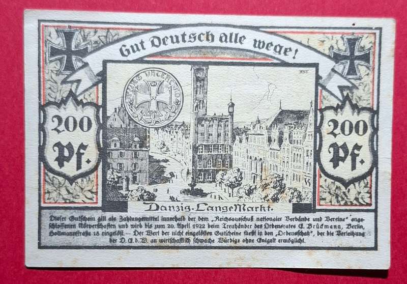 DEUTSCHES REICH 200 Pfennig 1922, Notgeld Germany Ordensrat Nationalgesinnter Soldaten, Danzig *EF+*