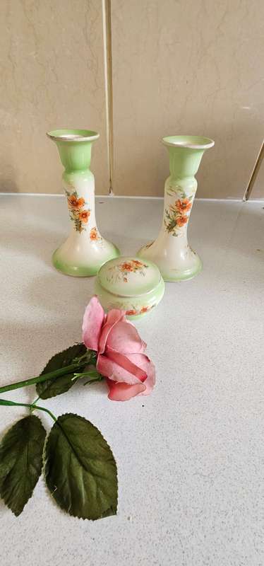 Vintage candle sticks and trinket box