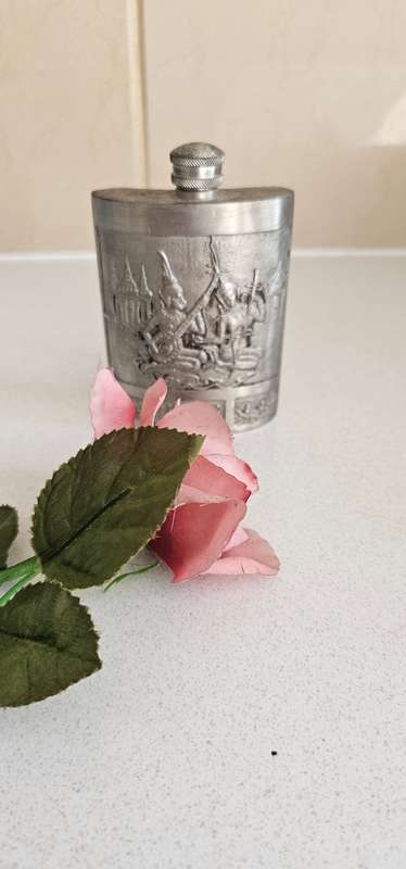 Vintage Pewter Flask with Thai theme engraving