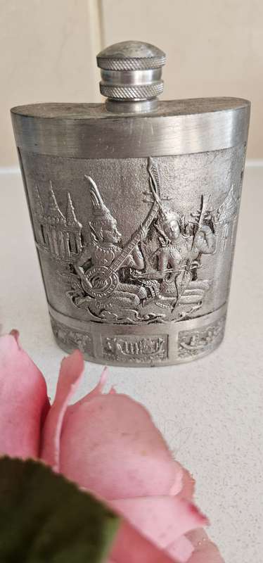 Vintage Pewter Flask with Thai theme engraving