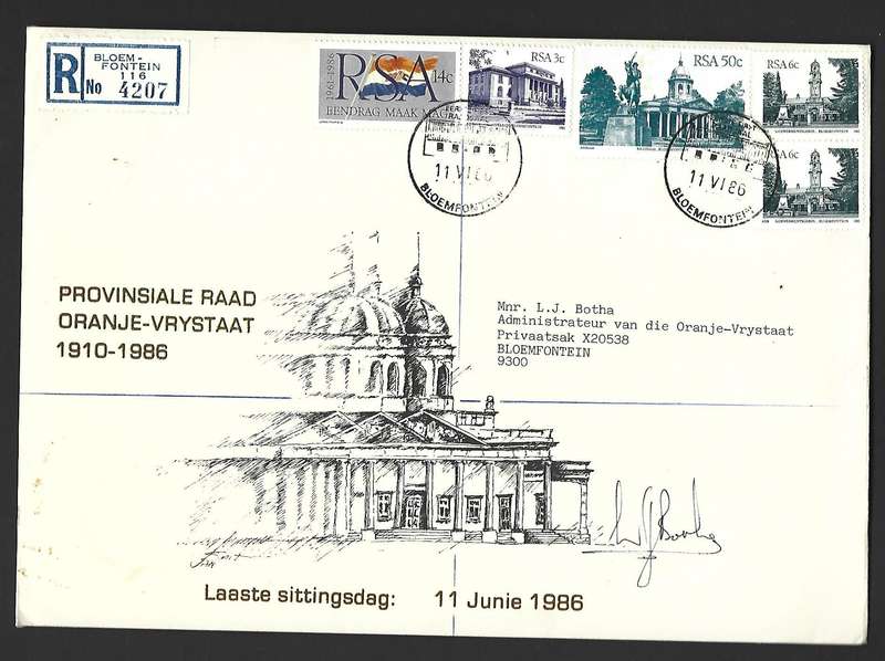RSA FDC Provinsiale Raad van Vrystaat- Last meeting 1910-1986 - variety- signed by Administrator