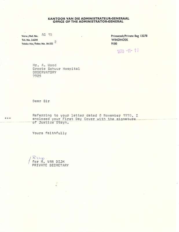 SWA FDC 25 - Variety by Administrator-General MT Steyn + Letter from his office- Extremely scarce