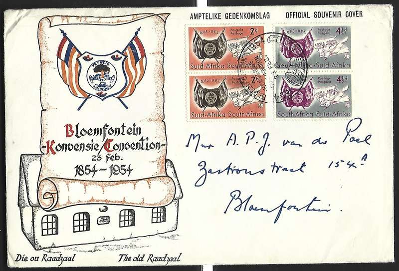 Union of SA -FDC-Centenary of OVS-  Dated 23/2/1954 Bloemfontein