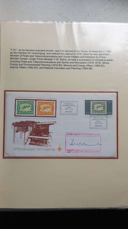 Stamp collection on former President  F.W.de Klerk - lots of signatures.