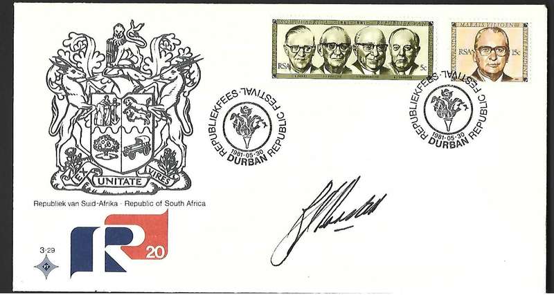 RSA FDC 3.29 - Republic Festival 20 Variety - Signed by President B.J.Vorster