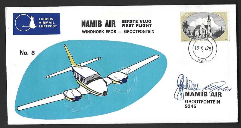 SWA FDC - Namib Air no 6 -Variety - Signed by two captains